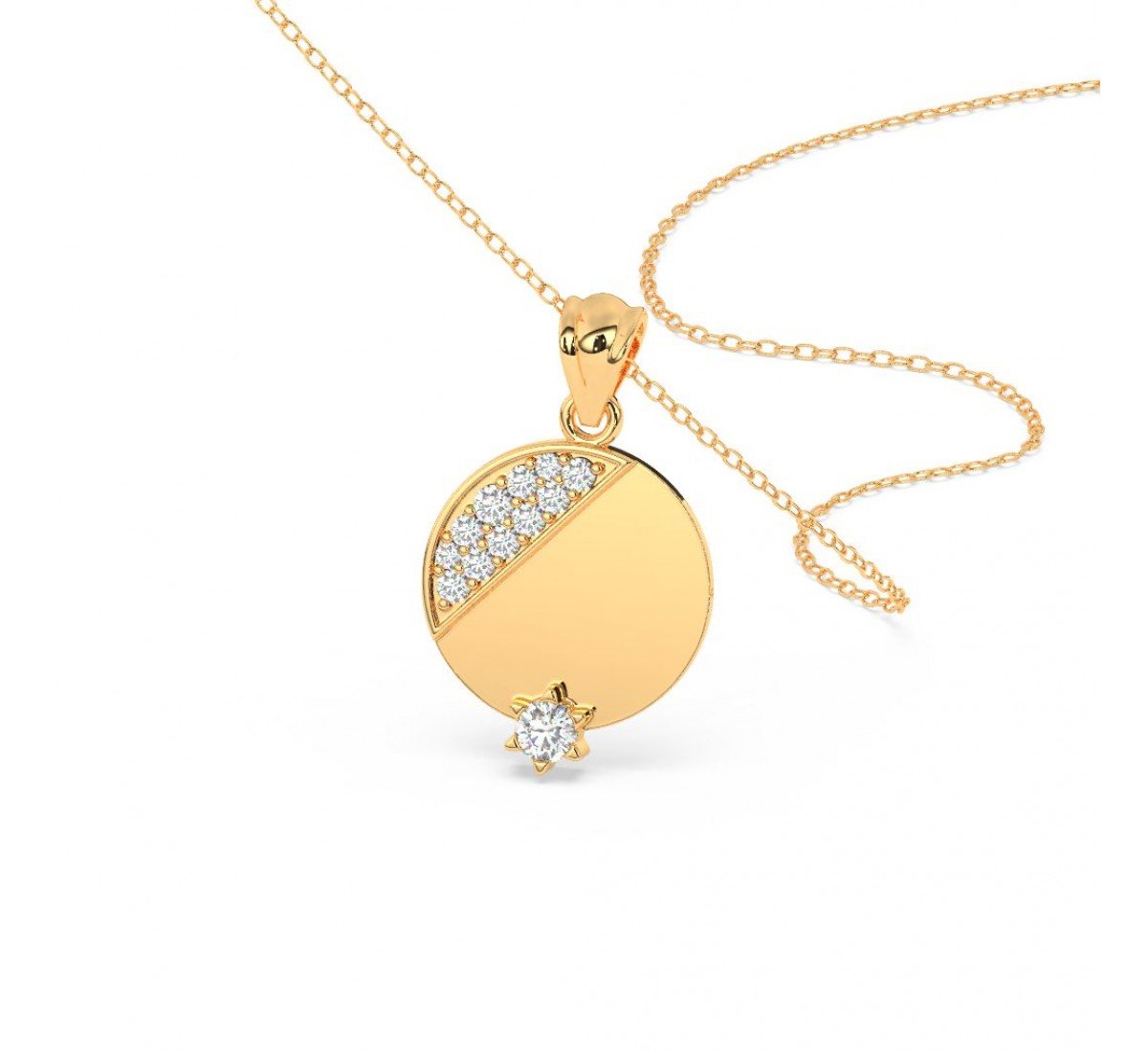 Gold Zircon Studded Disk Pendant With Link Chain