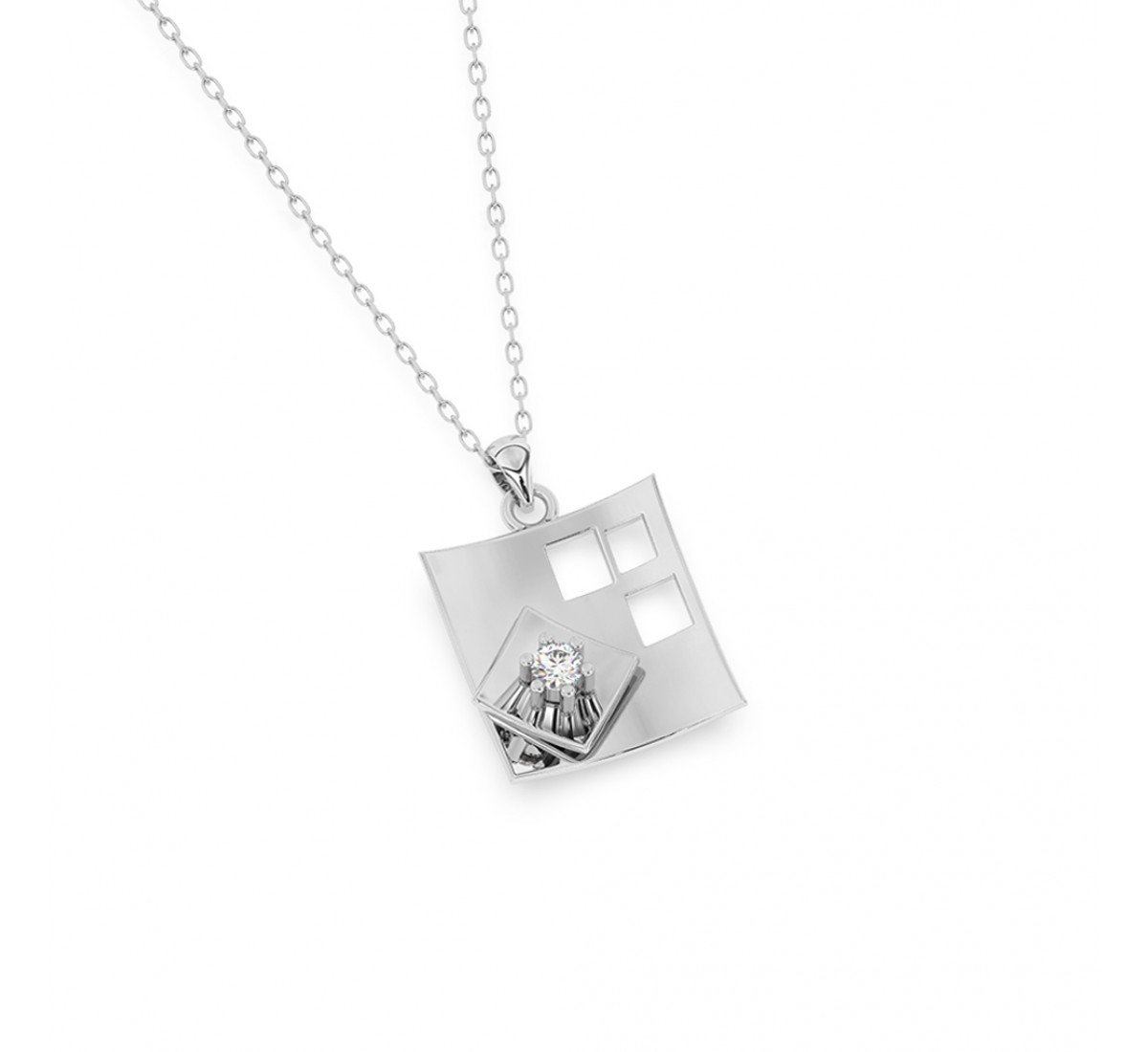 Silver Dual Layer Geometric Pendant With Link Chain