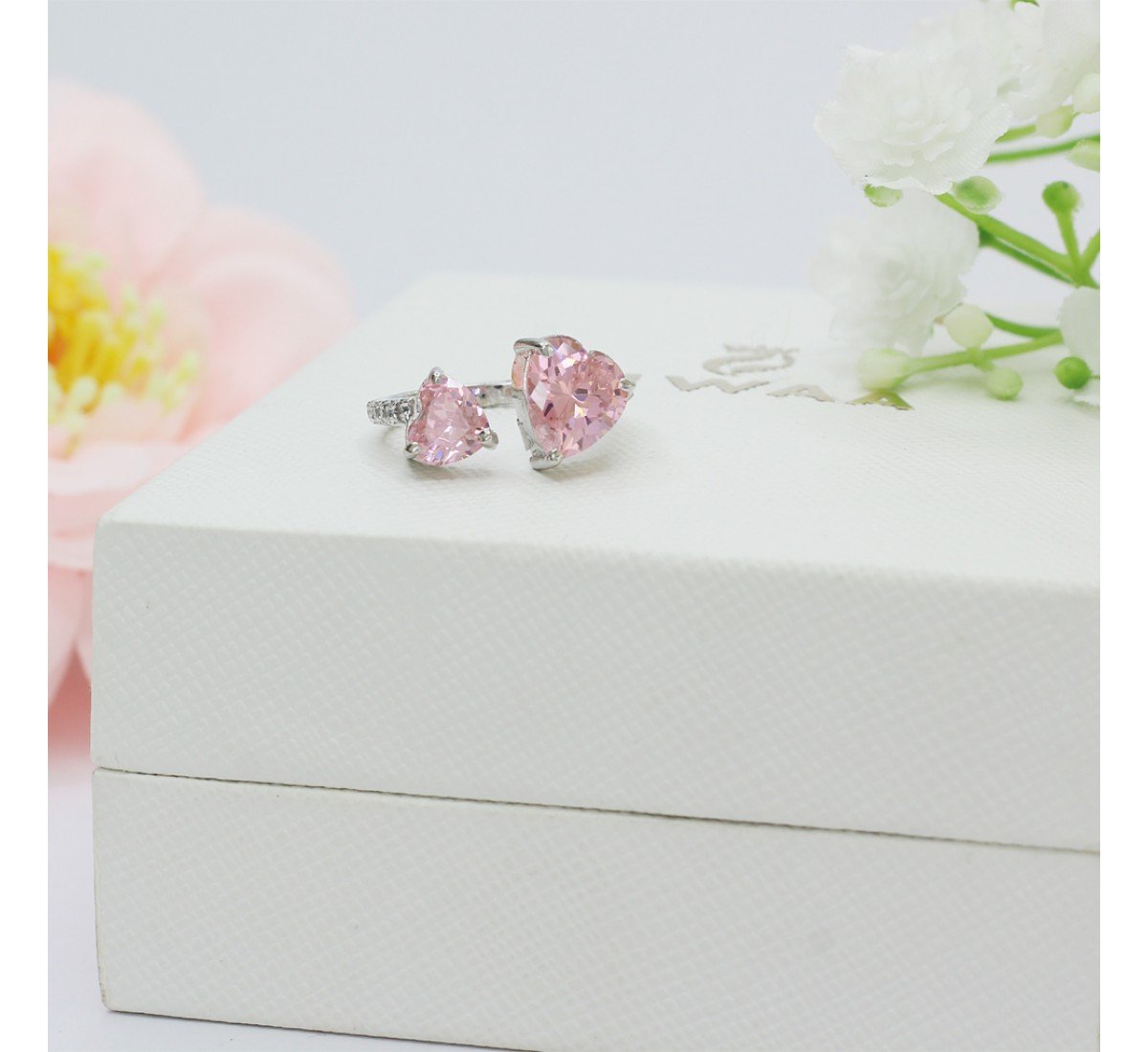 Silver Pink Stone Heart Ring