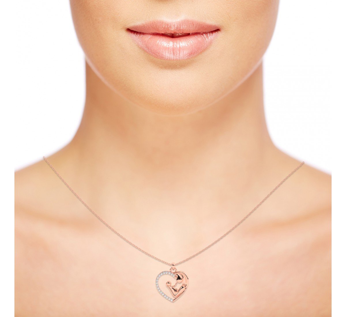 Rose Golden Mother Child Embrace Pendant With Link Chain