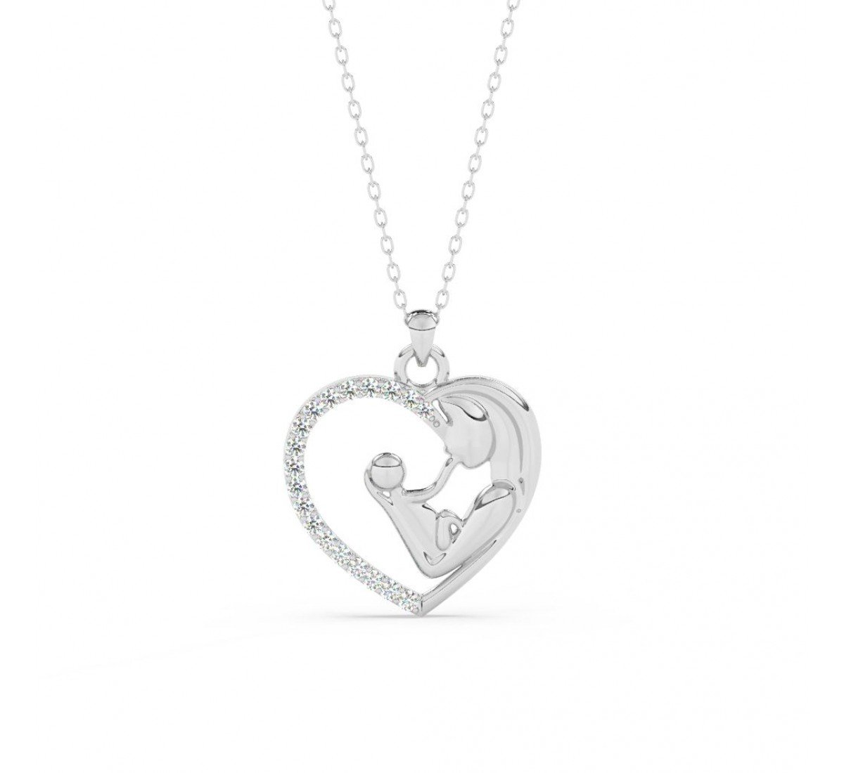 Silver Mother Child Embrace Pendant With Link Chain