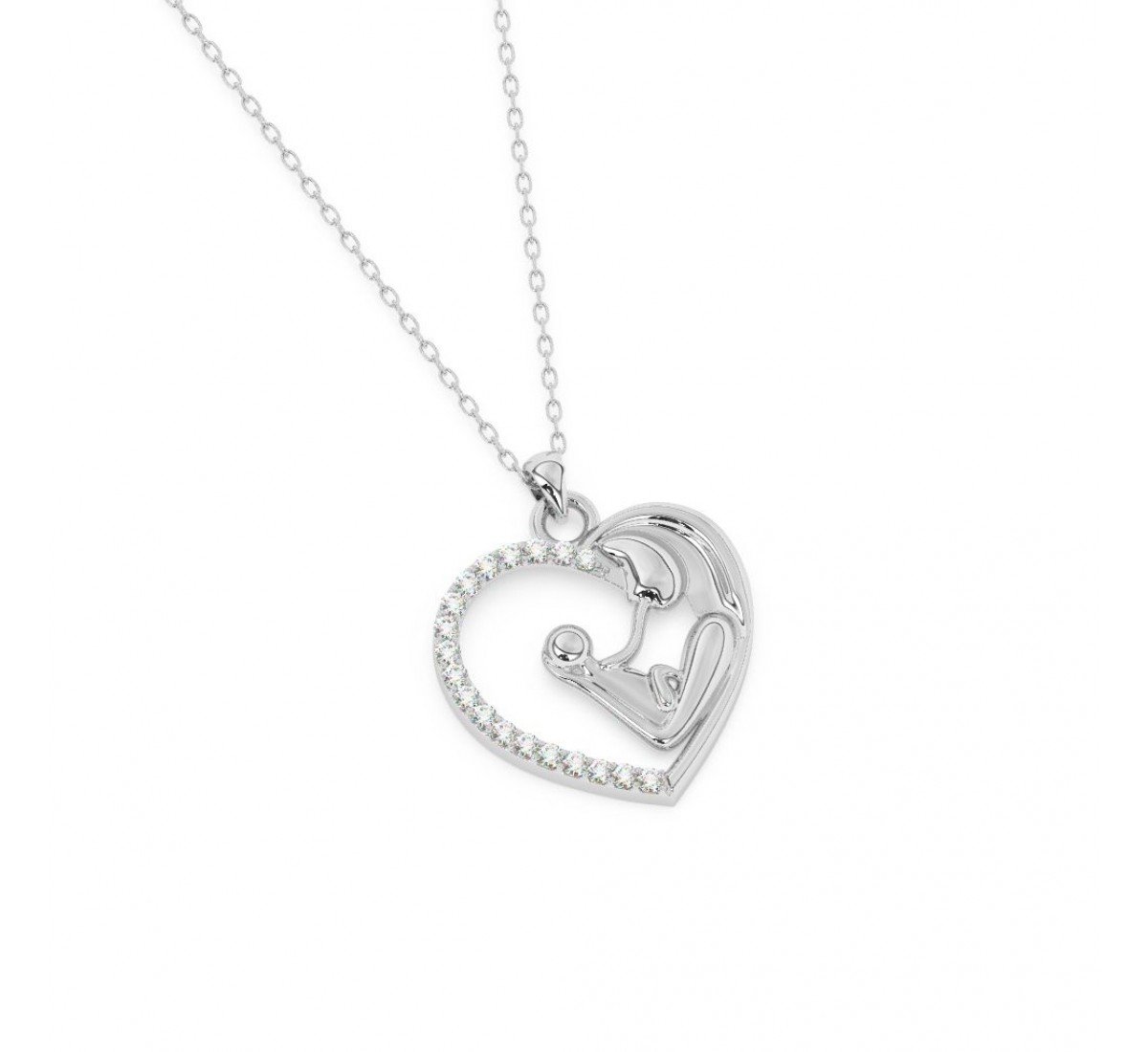 Silver Mother Child Embrace Pendant With Link Chain