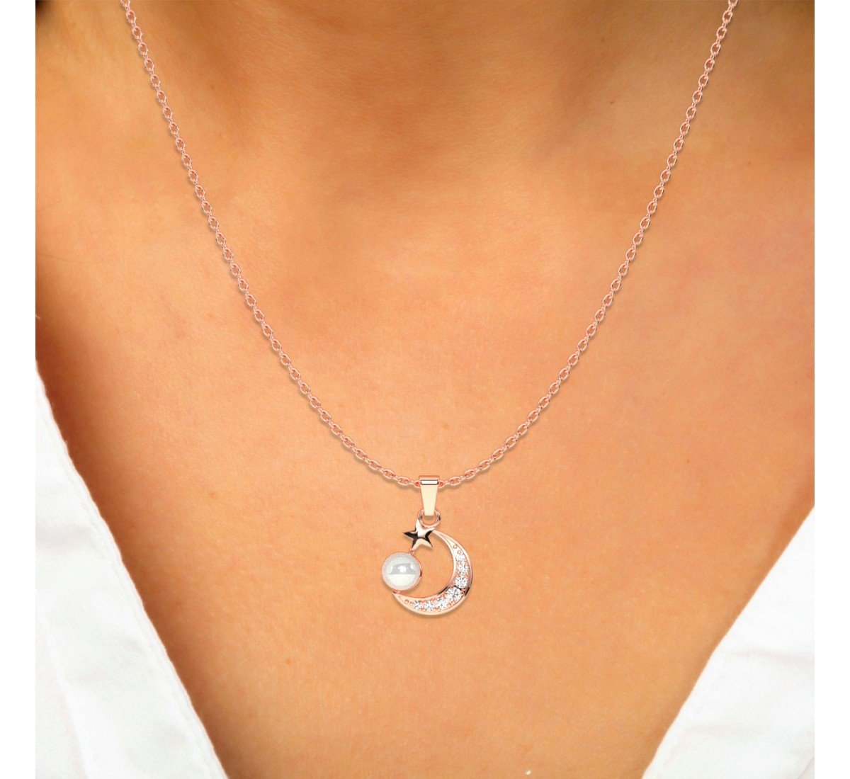 Rose Gold Pearl Crescent Pendant With Link Chain