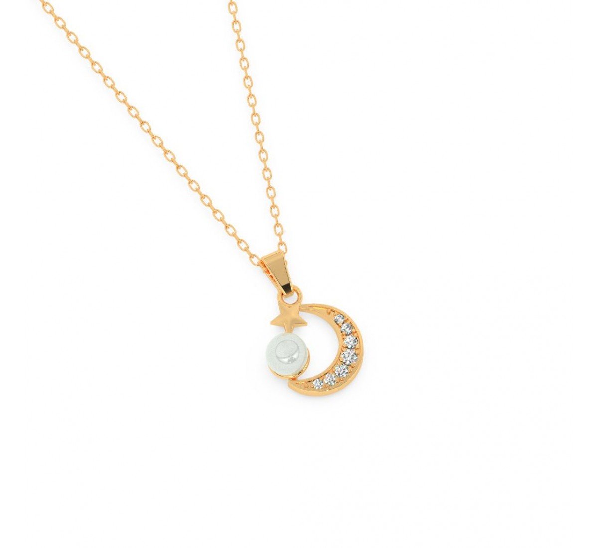 Gold Pearl Crescent Pendant With Link Chain