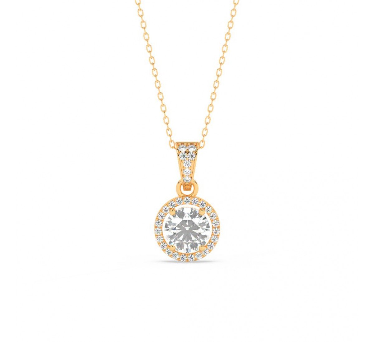 Gold Zircon Round Solitaire Pendant With Link Chain