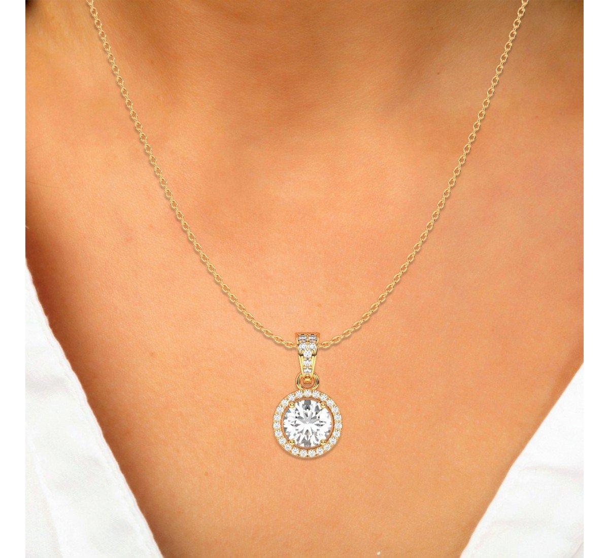 Gold Zircon Round Solitaire Pendant With Link Chain