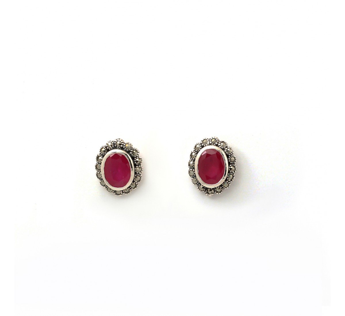 Silver Oxidised Red Oval Shape Studs