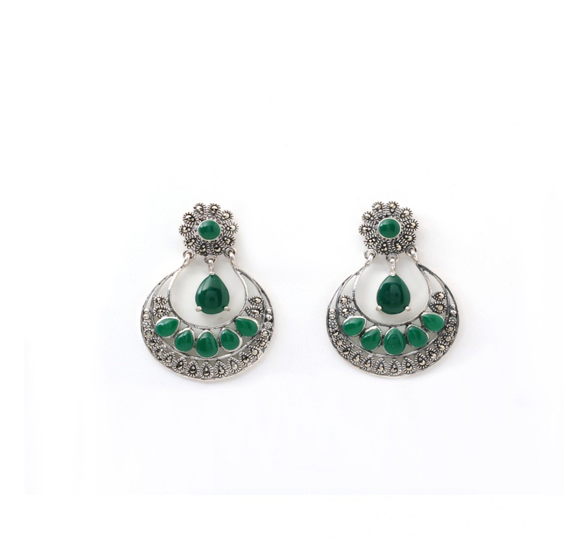 Silver Oxidised Youbella Green Stone Earrings