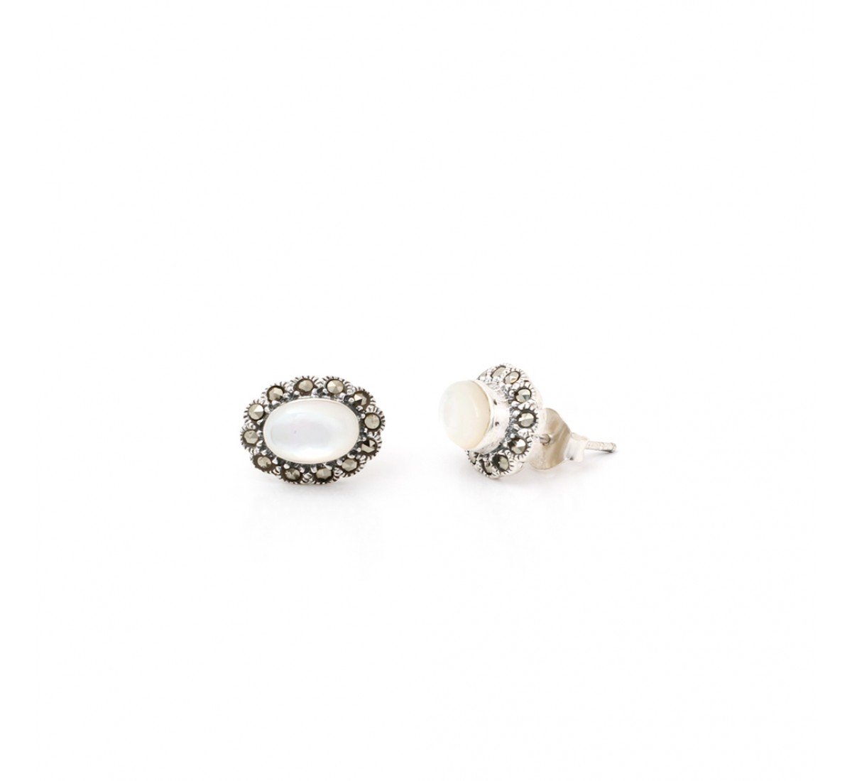 Silver Oxidised White Oval Shape Studs