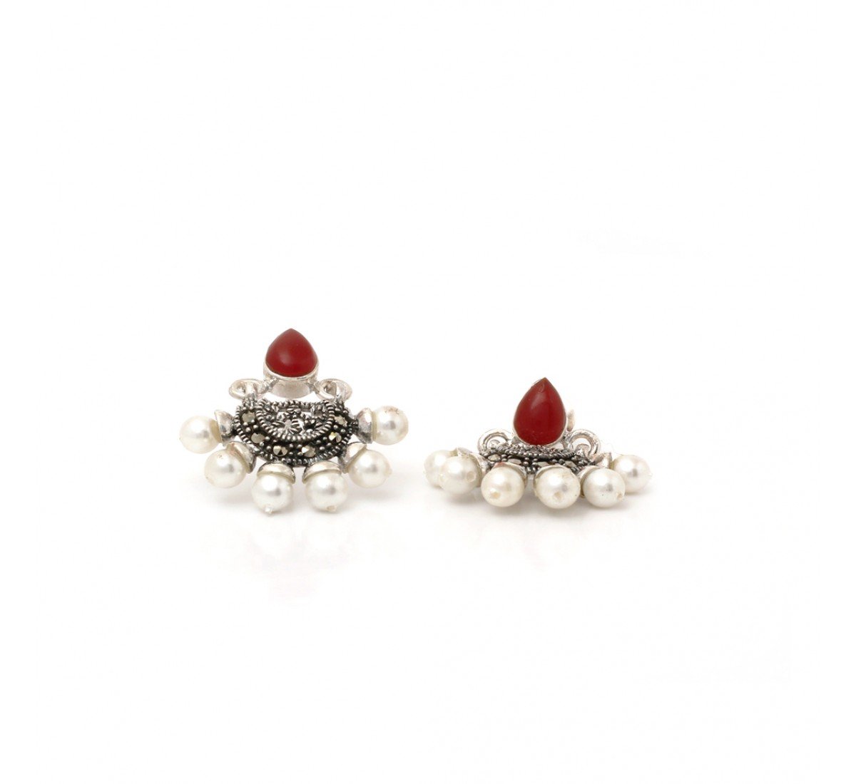 Silver Oxidised White Pearl With Red Stone Earrings