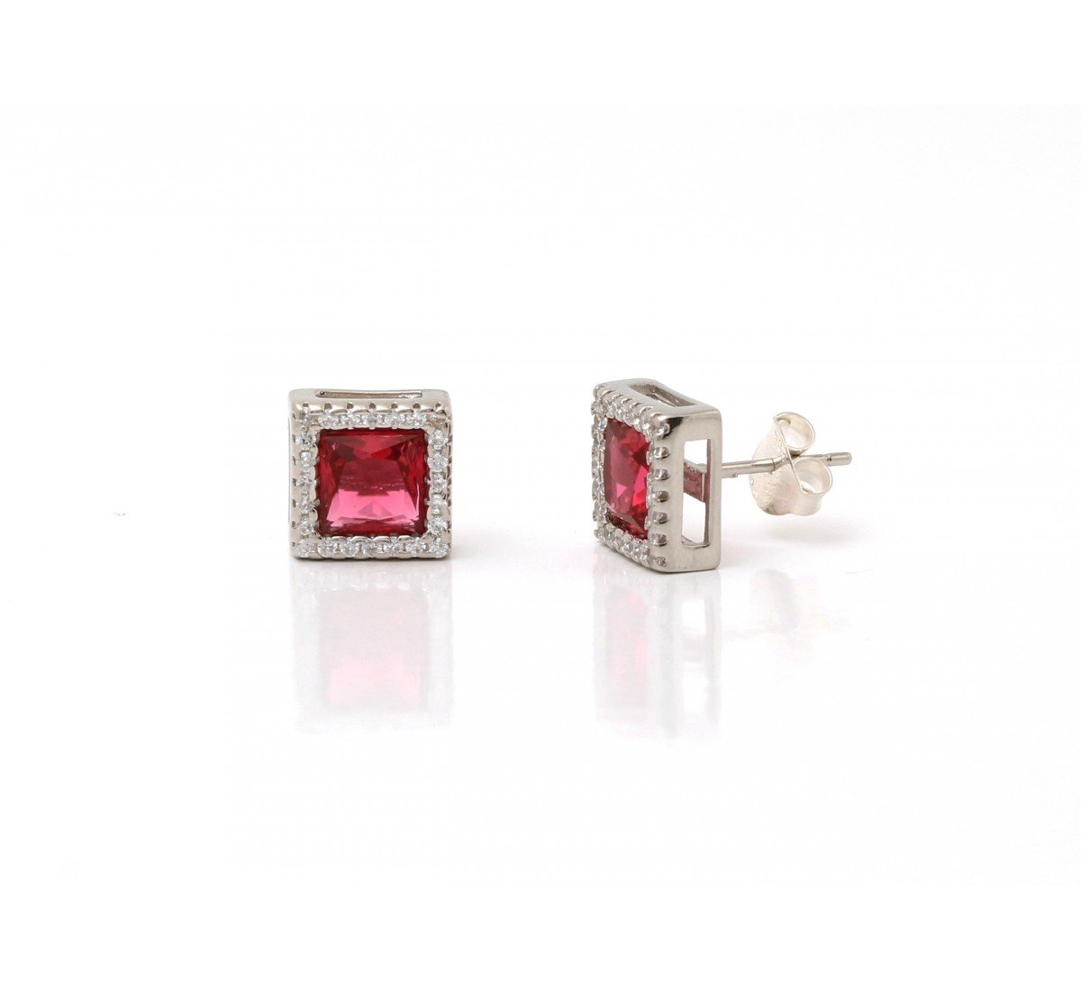 Silver Red Zircon Square Studs