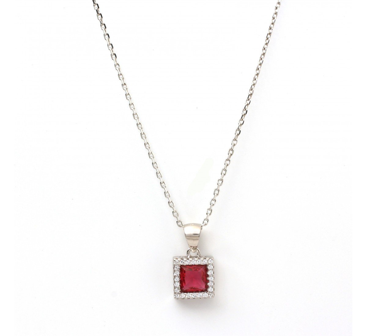 Silver Red Zircon Square Pendent